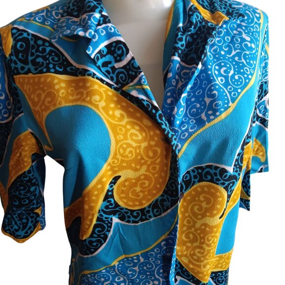 Women's Large Vintage Psychedelic 70s Top Button-Up Shirt Swirl Pattern Pykettes - Picture 2 of 8